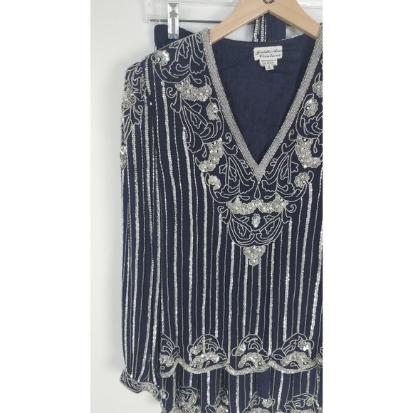 Vintage Judith Ann Creations Sz. S Sequin & Silk 3 Piece Navy & Silver Skirt Set - Picture 3 of 10